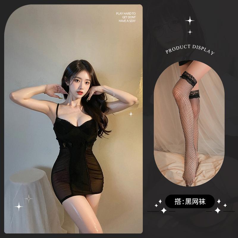 Sexy lingerie sexy deep vA wrinkled mesh perspective seduction hot suspender nightdress set
