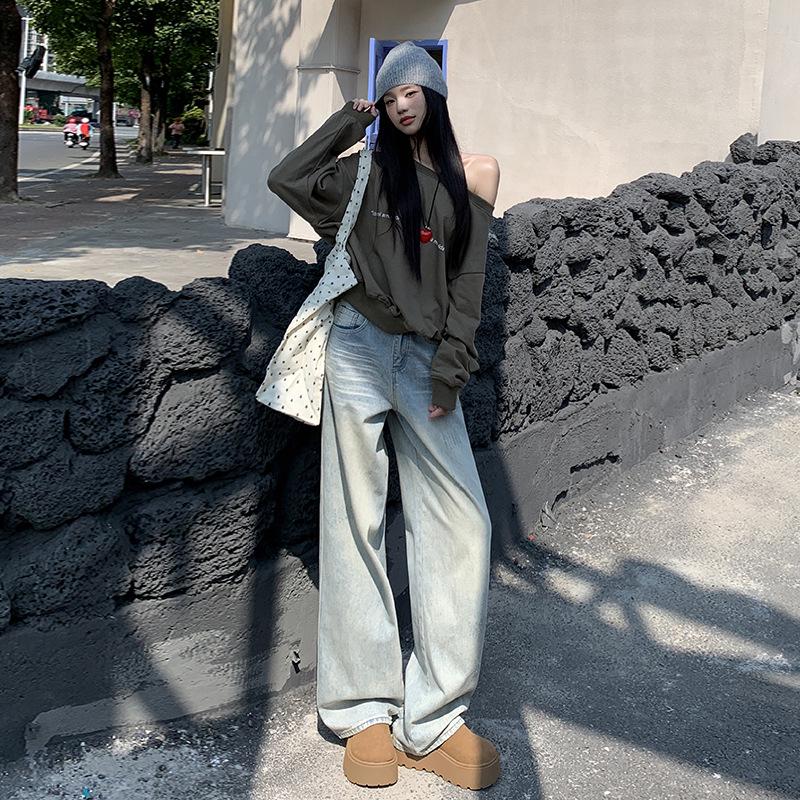 Damskie postarzane retro amerykańskie dżinsy: Jesień 2025 Luźne Szerokie Nogawki z Designem Drapanym