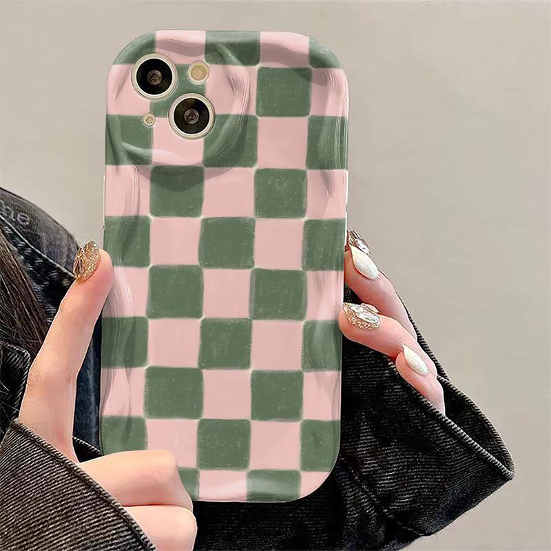 Fashion Pink Green Grid Printed Wavy Phone Case For iPhone 11 12 13 14 15 16 17 Pro Max XS Max XR X 16E 17Air Soft Back Cover