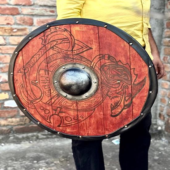 45.72 Cm Medieval Dragon Battle Worn Viking Shield, Wooden Valhalla Viking Round Shield Gift For Men, Norse Cosplay Costume Shield Halloween Gift