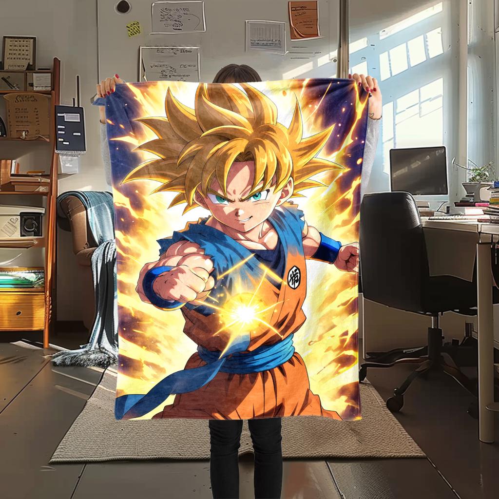 1 ks flanelová deka s potiskem Son Goku, Vysoce kvalitní pro všechna roční období, Domácí dekorace, Teplo a pohodlí, Perfektní jako vánoční dárky
