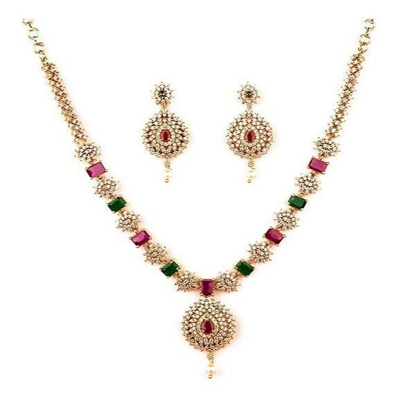Traditional Micro Gold Plated Multi Color AD American Diamond Jewellery Necklace Jewellery Set for Women and Girls