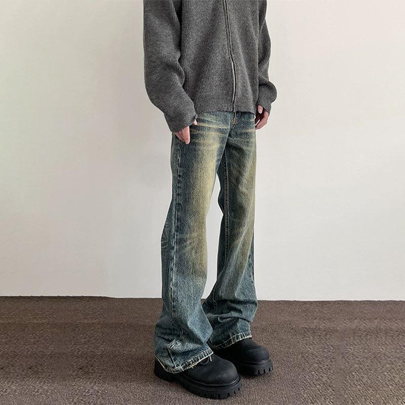 

Мужские ретро выстиранные потертые джинсы буткаты прямого кроя облегающего силуэта S (60-80 jin)