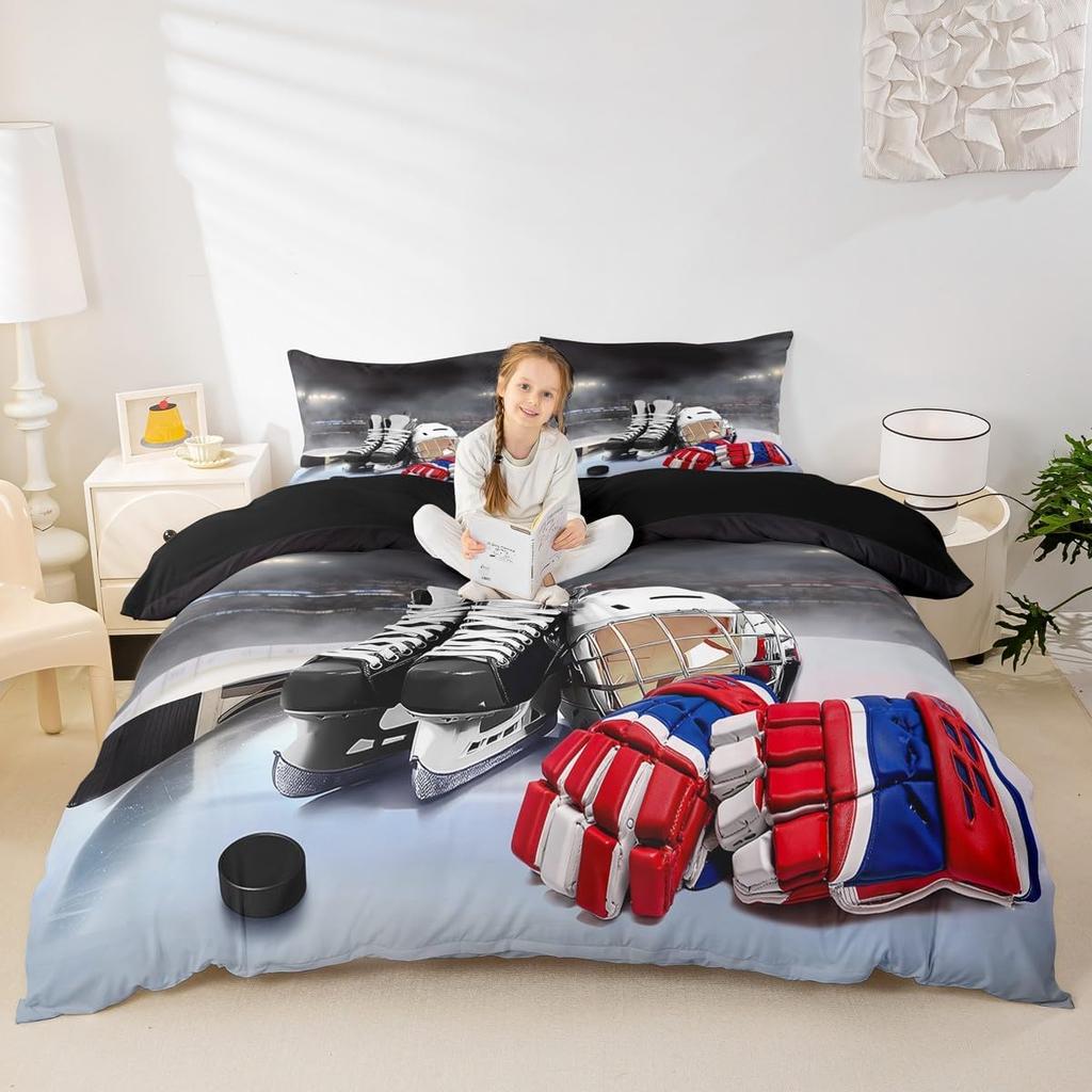 Erosebridal Ice Hockey Bedding Set Twin Hockey Player Duvet Cover for Kids Boys Girls Teens Juvenile Sports Game Comforter Cover Set Soft Mi