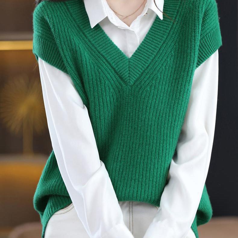 Autumn Winter Knitted Vest Women V Neck Shirt Loose Versatile Sleeveless Knitted Sweater Pullover