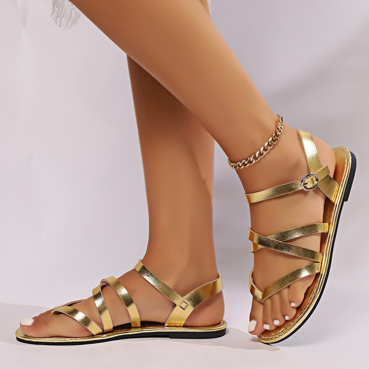 

Босоножки женские на плоской подошве с перекрестными ремешками и ремешком с пряжкой для пляжа, большой размер 43