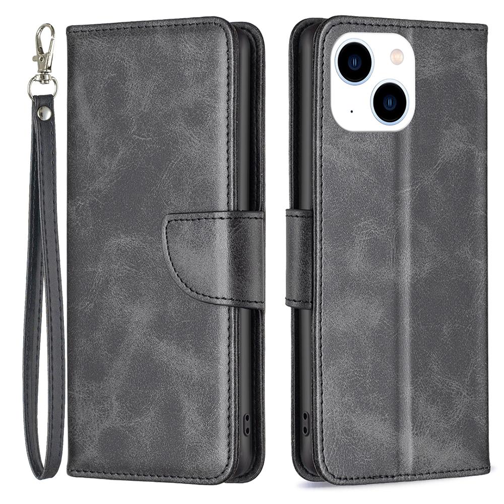 

For iPhone 15 Phone Stand Cover Solid Color Fine Textured PU Leather Wallet Anti-Scratch Phone Case Black