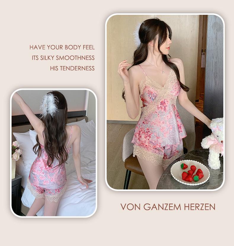 Women's Ice Silk Lace Pajama Set - Camisole & Shorts for Spring/Summer/Autumn