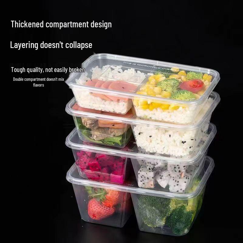 Transparent Double Compartment Disposable Food Container with Lid, Thickened Rectangular Takeaway Box, 500-1000ml.