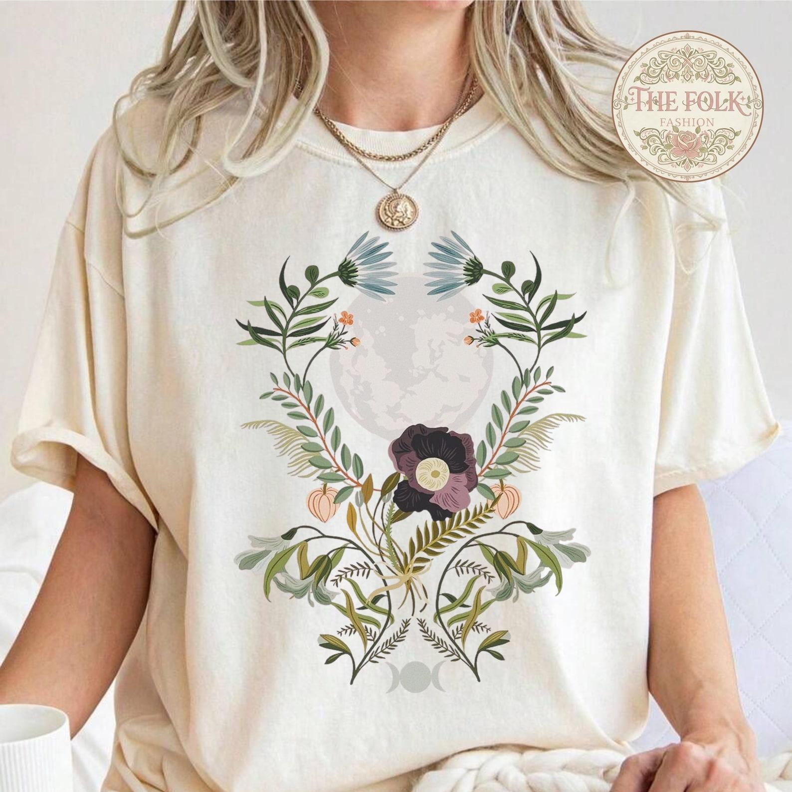 Celestial Moon Botanical Shirt, Witchy Wildflower Garden Tee, Aesthetic Floral Moon Phase Tshirt, Comfort Colors Nature Lover Gift, Boho Top S