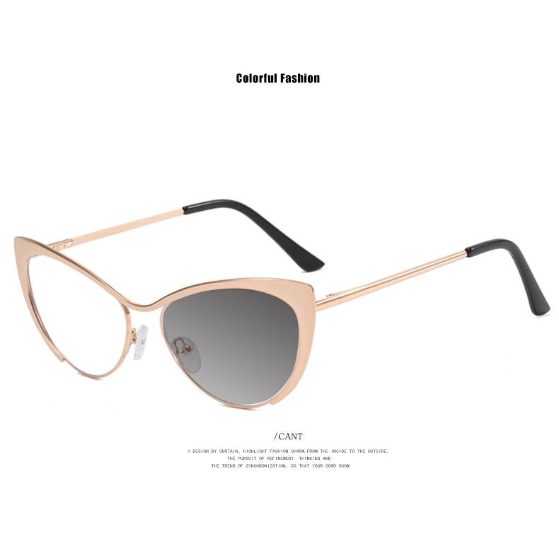 Classics Brand Luxury Design Cat Eye Gloss Silver Metal Lady Frame Photochromic Anti Blue Light Hyperopia Reading Glasses 0 ~ +6