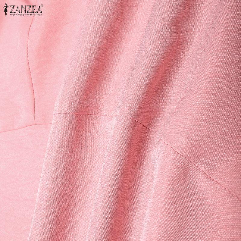 ZANZEA Vestido largo suelto informal de manga corta con cuello vuelto para mujer