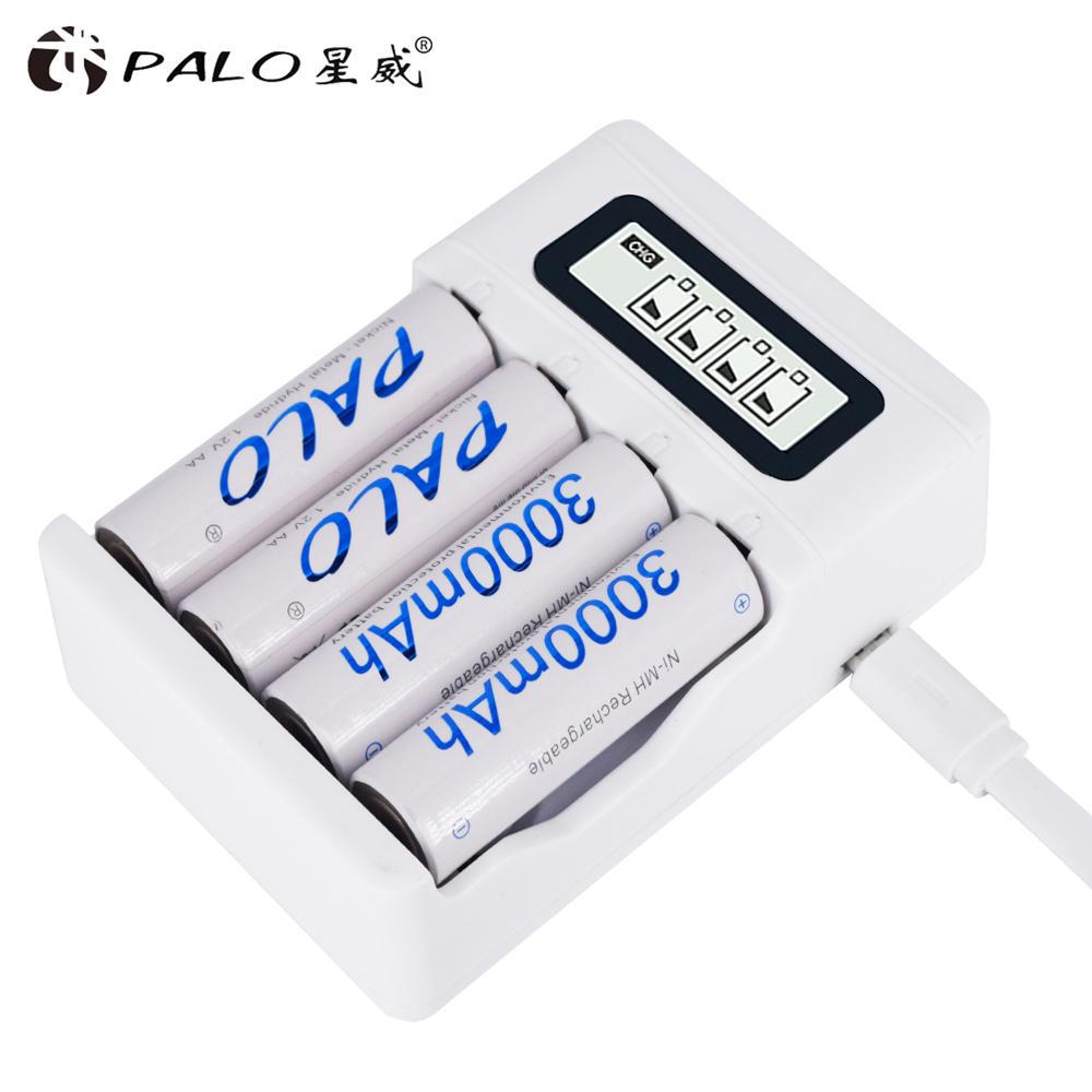 PALO 4-12pcs Aa Ni-mh Rechargeable Battery 1.2v 3000mAh + USB LCD Display Smart Fast Battery Charger for Aa Aaa