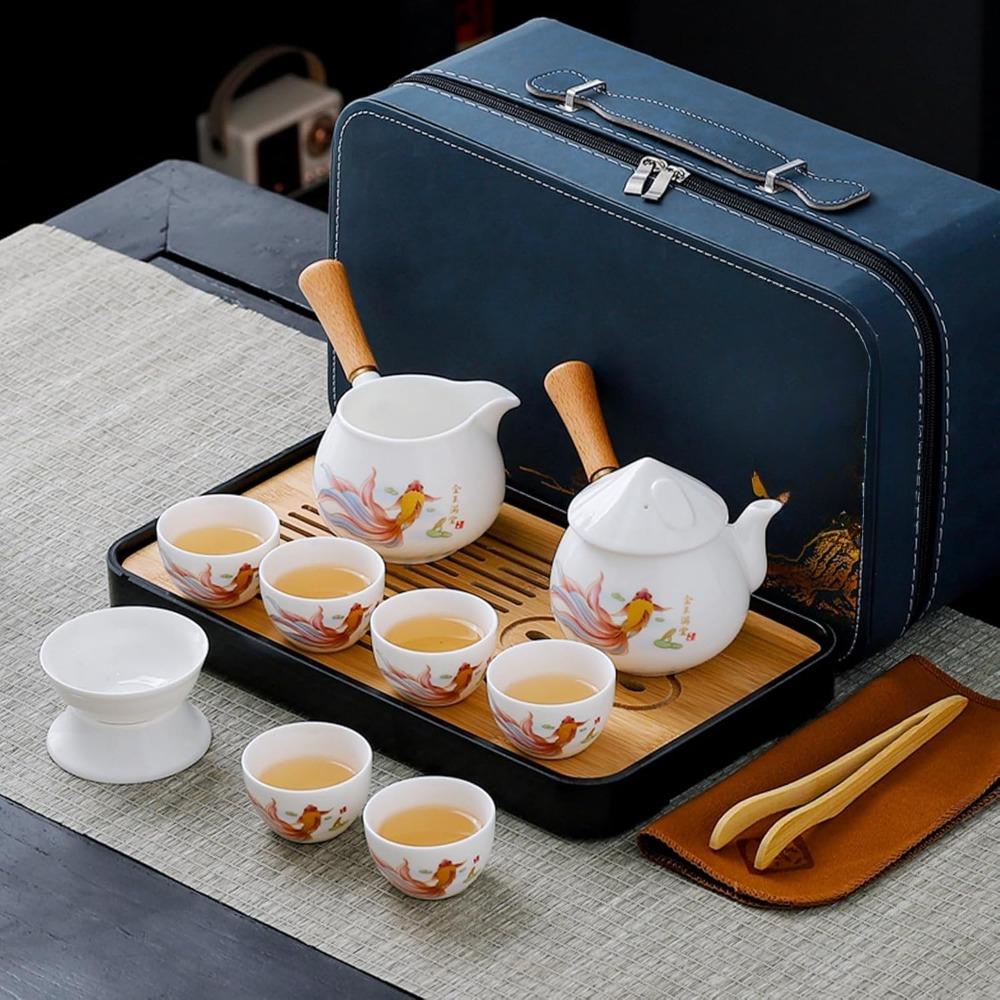 Chinese tea set, white jade tea set, Kung Fu tea set, Kung Fu tea set, 6 cups portable ceramic tea set large