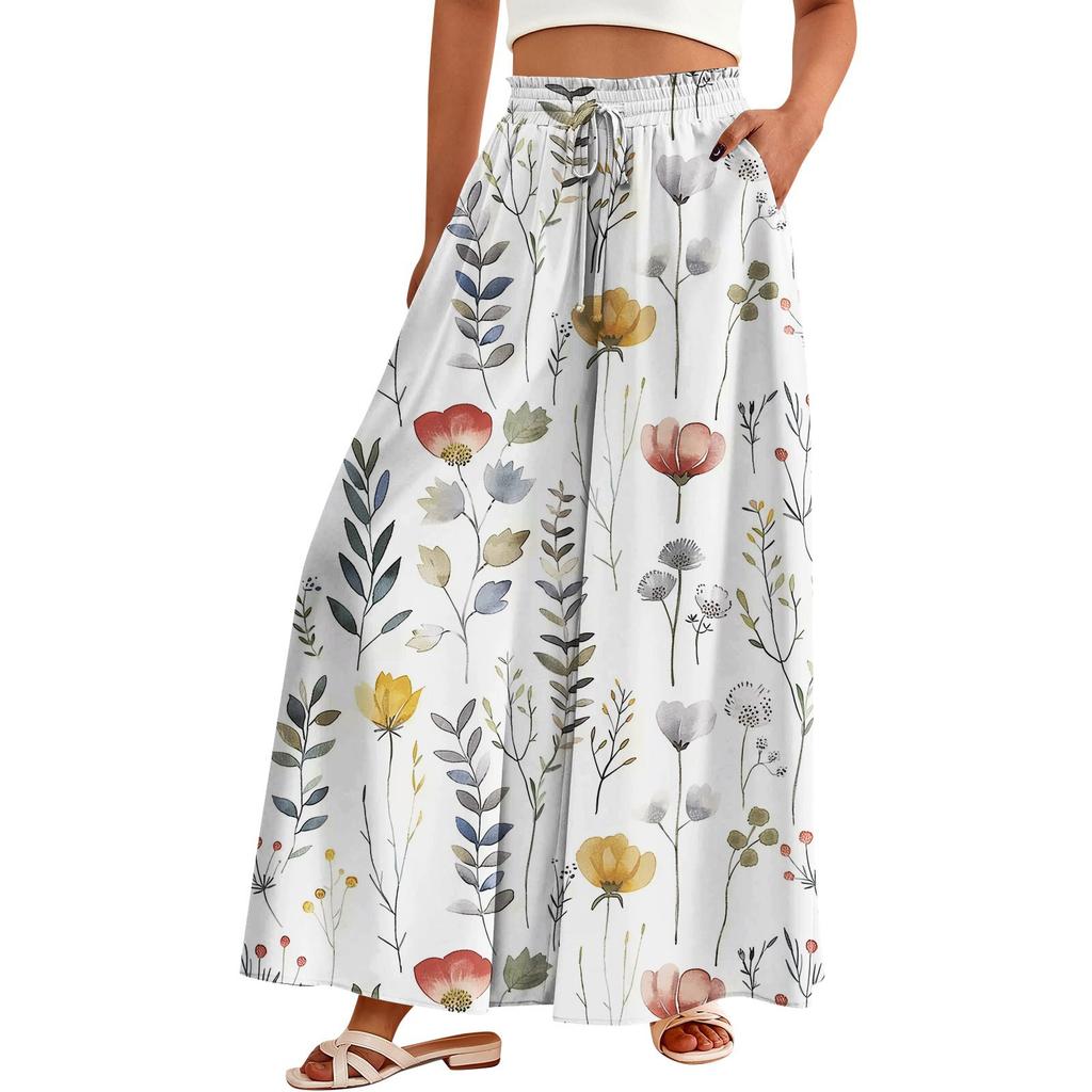 Women's Palazzo Pants Boho Floral Wide Leg Trousers Summer Beach High Waisted Flowy Pants With Pockets