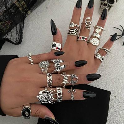 Ingemark Halloween Goth Skull Spider Snake Rings Set for Men Vintage Silver Color Big Size Rings Unisex Festival Party Jewelry