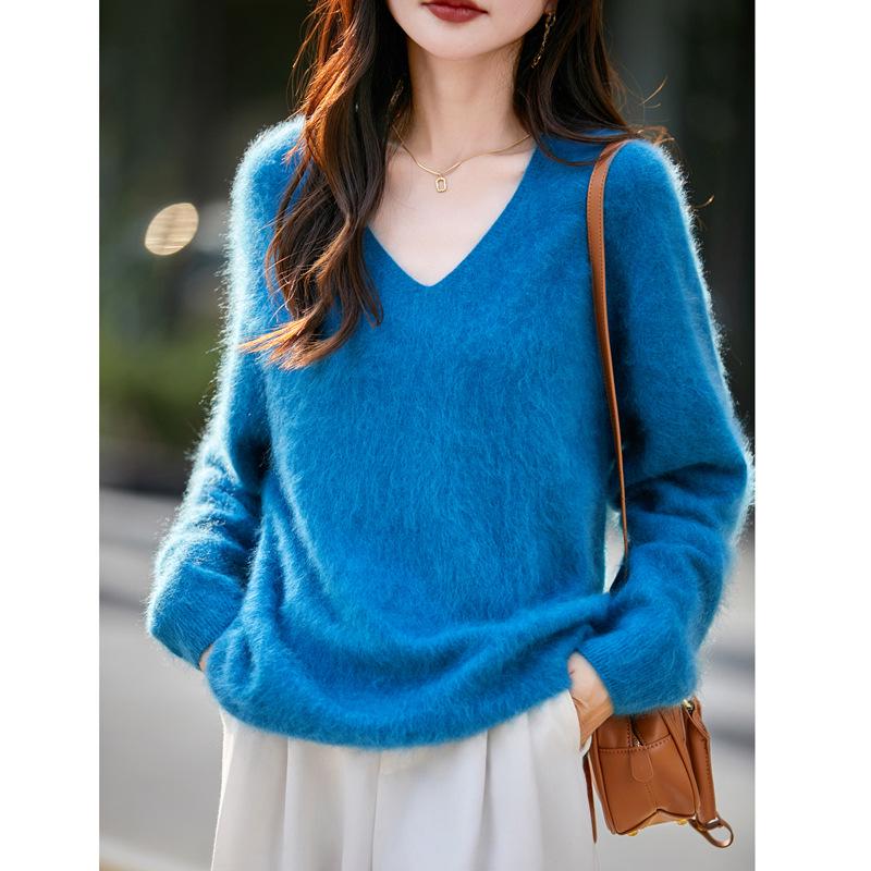 Autumn & Winter 100% Pure Wool V-Neck Loose Women's Knitted Sweater