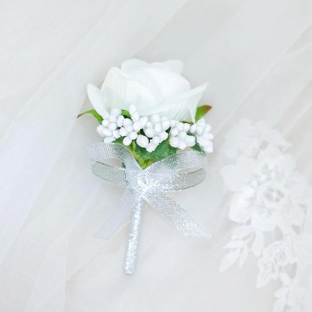 6pcs White Pink Corsage and Boutonniere Set Artificial Rose Wristlet Suit Flower for Men Wedding Party Prom Decoration