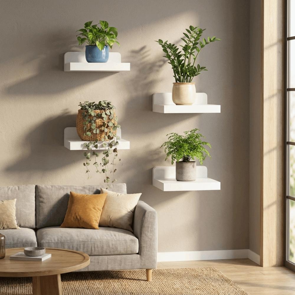 4PCS Wood Small Floating Shelves Rustic Decorative Wall Mounted Shelves Simple Plant Display Rack Plant Flower Pot Tray Office