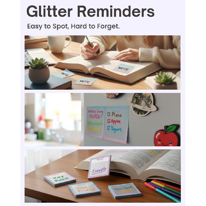 200pcs Glitter Sticky Notes, Transparent Sticky Notes with Pink Blue Iridescent Edge, Cute Self-Adhesive Memo Pads for Office, School & Home