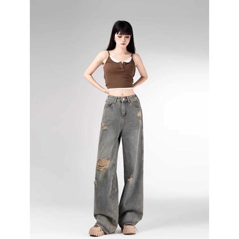 Women Vintage Ripped Wide Leg Jeans High Waist Loose Straight Denim Pants Casual Autumn Long Trousers for Petite Figure