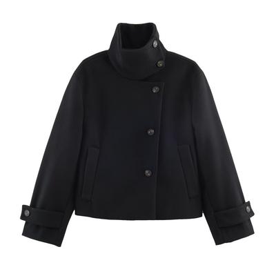 Womens Winter Short Wool Blend Coat With Stand Collar Button Front Casual Chic Outerwear