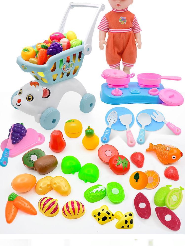 Large Kids' Grocery Cart with Fruit & Vegetable Play Set for Playhouse