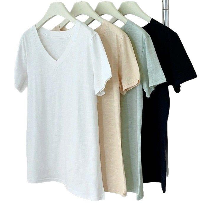 Kadın Slim Fit V Yaka Bambu Pamuk Kısa Kollu Yazlık Üst