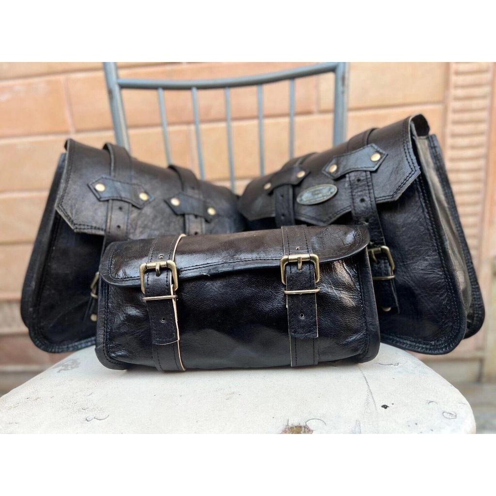 Bag Leather Motorcycle Combo Goat Black Saddle Tool Panniers Pouch Side Genuine