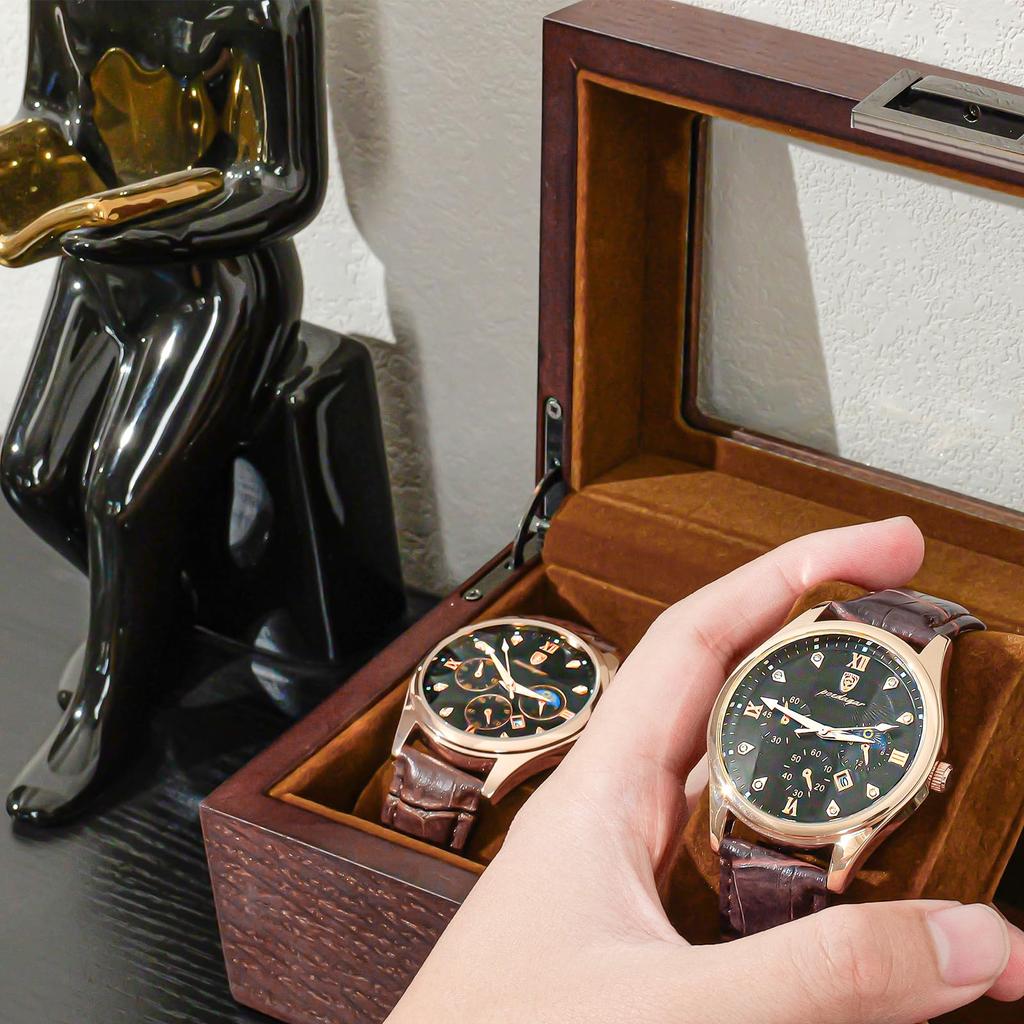 ProCase Men's Wooden Watch Box, 3-Slot Watch Display Case with Glass Lid