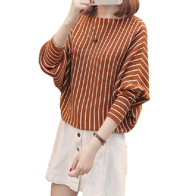 2022 Women Casual O Neck Sweater Batwing Sleeve Striped Pullover Flat Knitted Female Lady Clothes