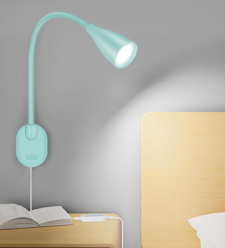 Wall Mounted Reading Light, Wall Light with Switch, 5 Dimmable & Color Temperature USB-C Output Flexible Neck Book Light for Bed