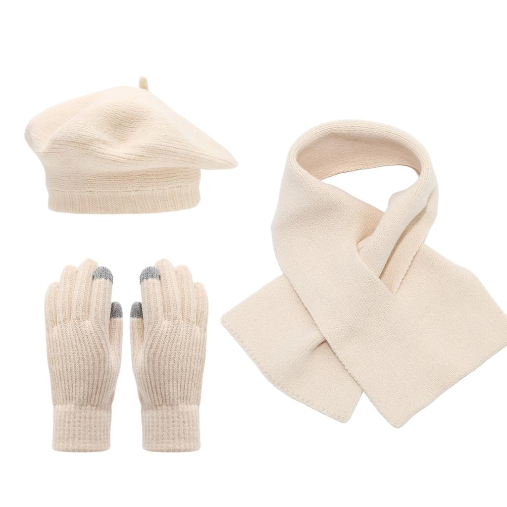 Damen 3-teiliges Winterset mit Baskenmütze, Schal und Touchscreen-Handschuhen für Wärme im Freien