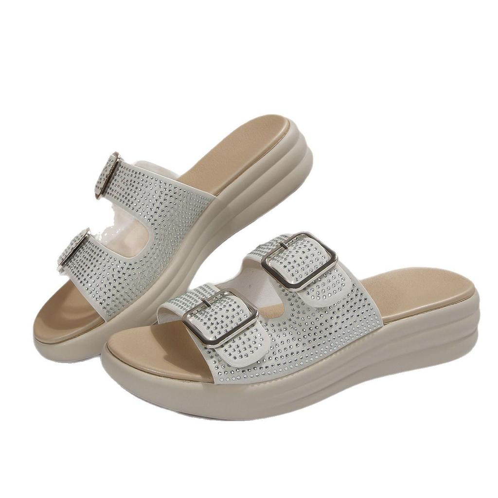 Foreign Trade New Rhinestone One-word Open-toe Thick-soled Slippers Women Wear Belt Buckle Hollow Beach Cool Slippers