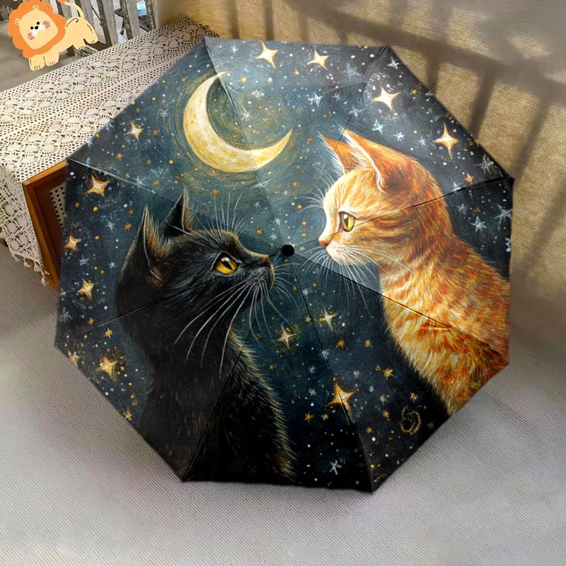 1 Stück Automatischer Faltregenschirm - Sternennacht Katzenmuster, Tragbares & Faltbares Design mit 8 Speichen, Weihnachts-Geburtstagsgeschenke