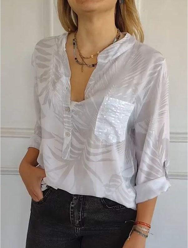2025 Spring/Summer Women's Loose Casual Long-Sleeve Sequin Pocket Print Shirt