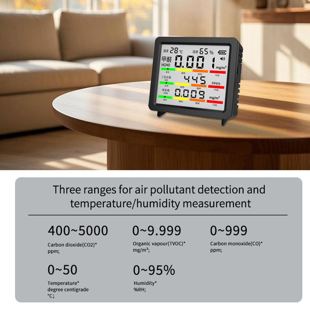5 In 1 Air Quality Monitor CO2 CO TVOC Tester Temperature Humidity Meter Type C Interface LCD Carbon Dioxide Detector for Home