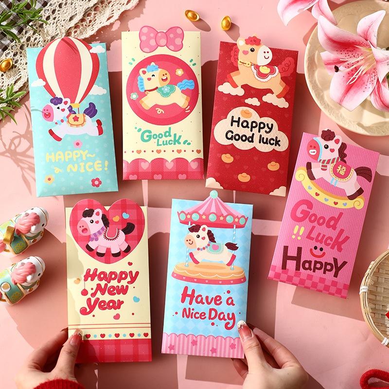 6Pcs Festive Cartoon Red Envelope Pony Pattern Traditional Lucky Money Bag Blessing Paper Hongbao Gift