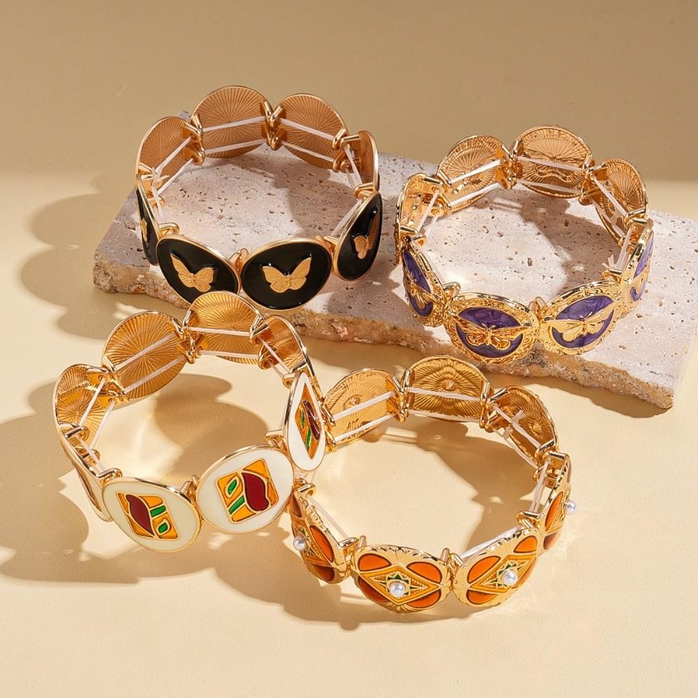 Imitation Pearl Wide Metal Bangles Luxury Jewelry Geometry Hand Ring Retro Drip Oil Bracelet Party