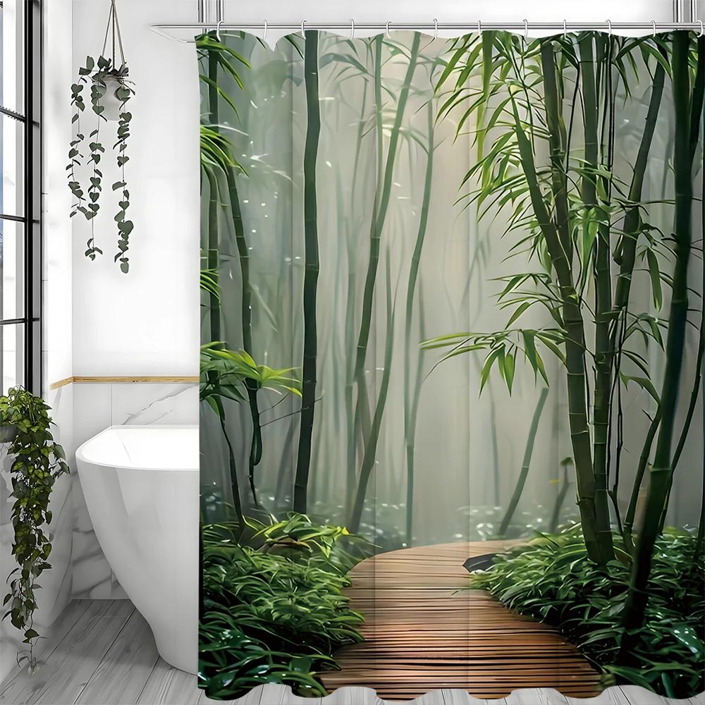 Bamboo Shower Curtain, Green Forest, Spa, Vintage, Natural, Japanese, Asian Style, Bathroom Shower Curtains with Hooks, Waterpro