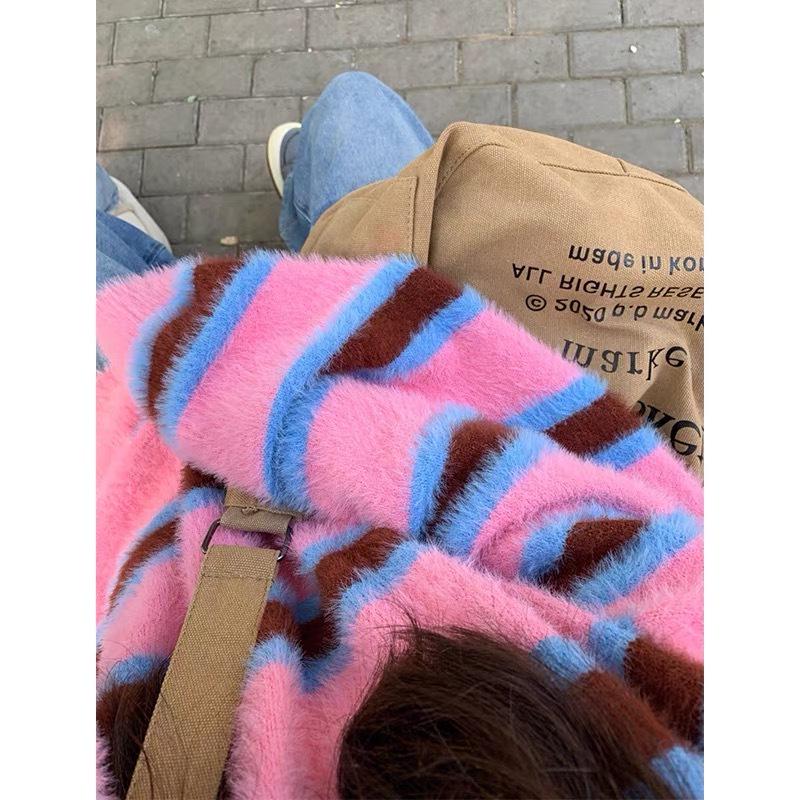 Women's Loose Fit Striped Mohair Sweater - Autumn/Winter Style with Round Neck & Long Sleeves