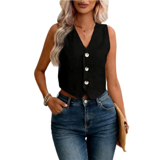 Linen Vest Top for Women Casual Slim Fit Sleeveless Button Down Waistcoat V