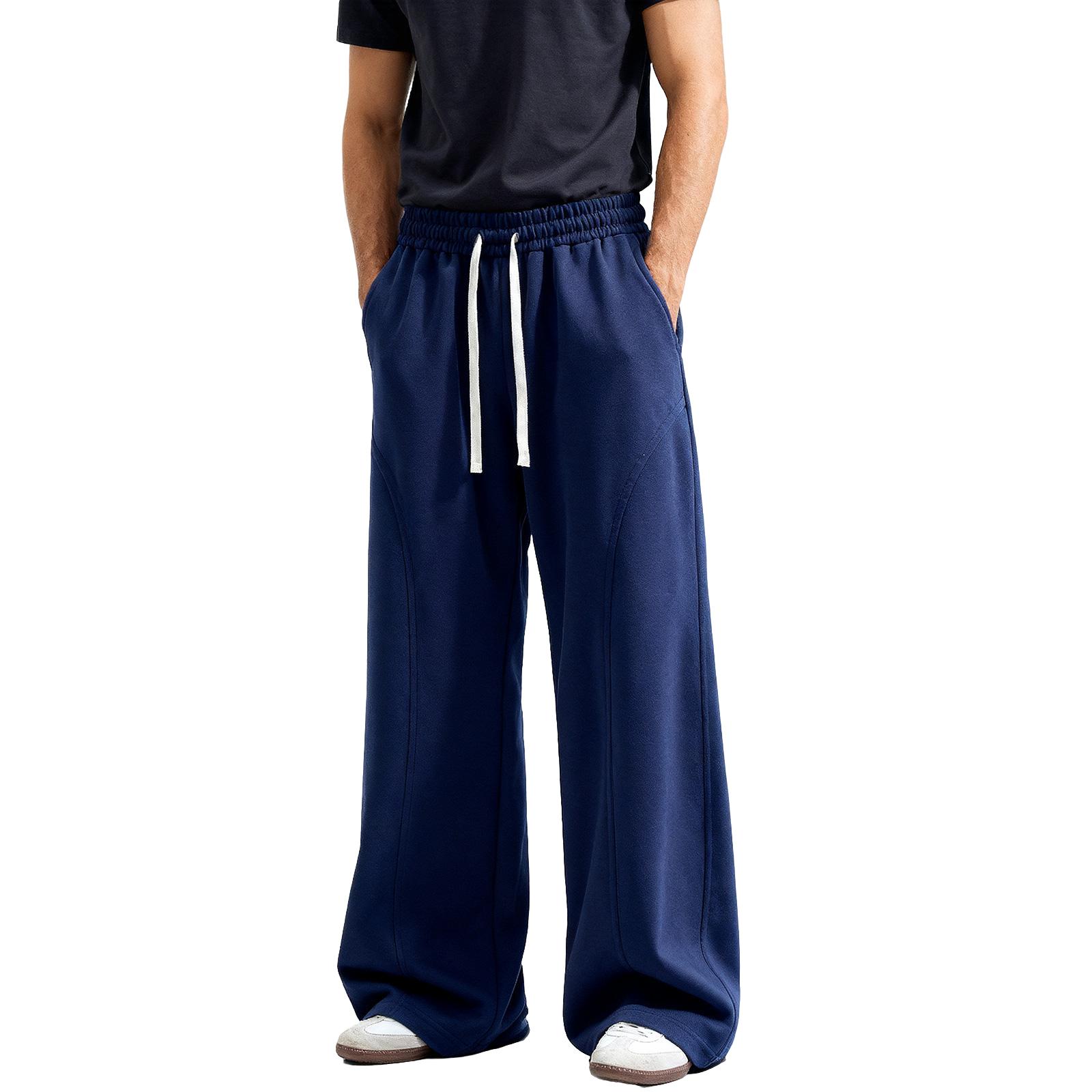 

Мужские брюки прямого кроя с широкими штанинами и кулиской на талии, спортивные штаны для тренировок с карманом XL тёмно-синий