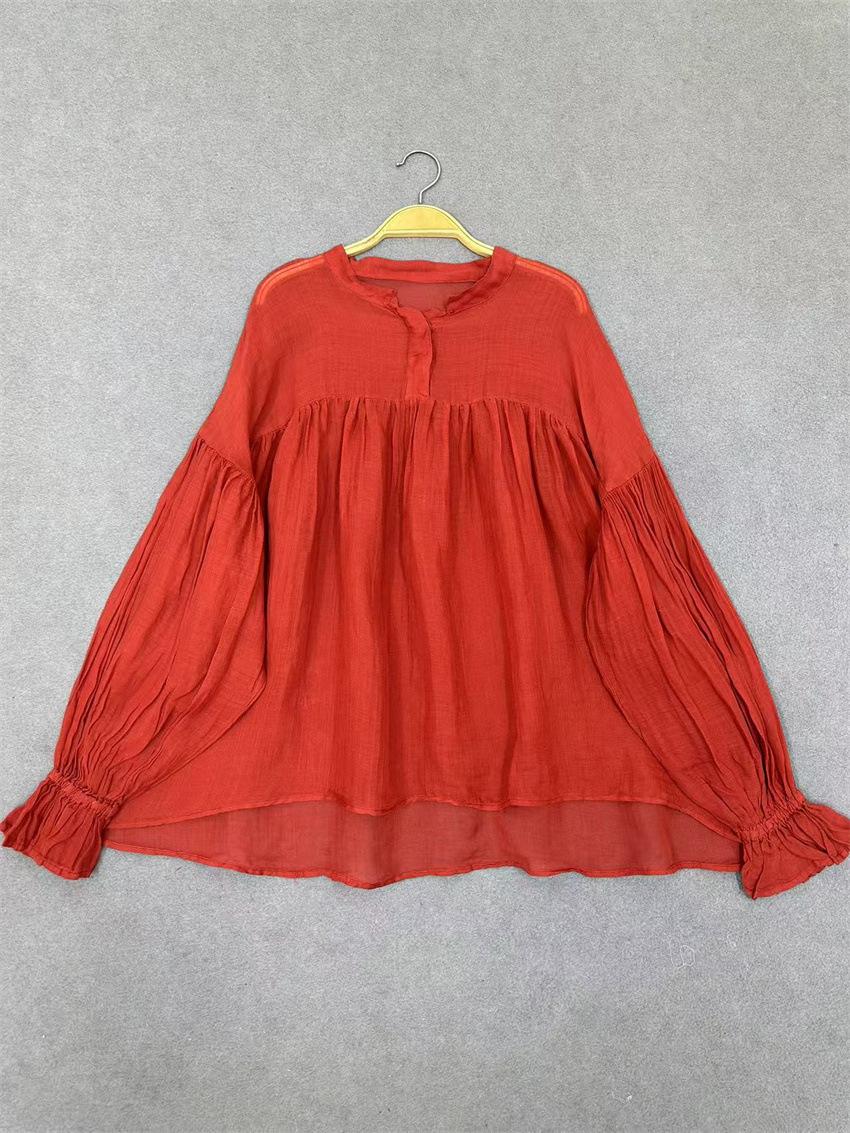 

Johnature Spring Summer Forest Vintage Blouses Round Neck Stitching Light Sunscreen Irregular Shirts Women One Size красный