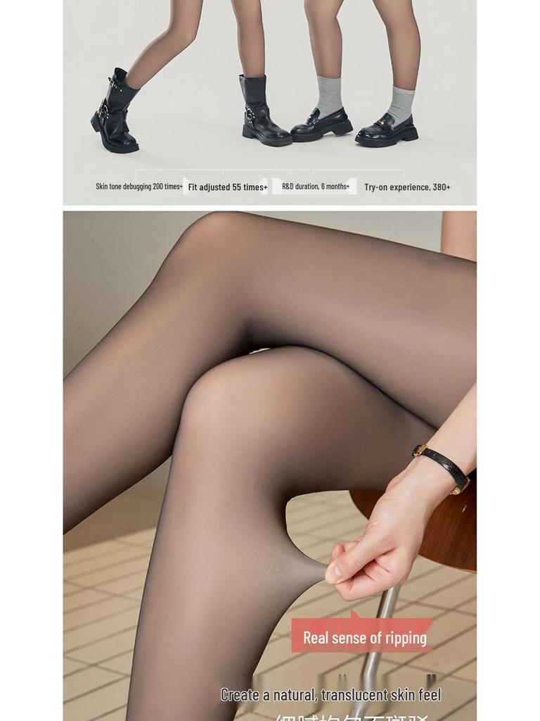 High-Waisted Black Fleece-Lined See-Through Leggings, Tummy Control, Nude Feel, Autumn/Winter Sheer Pantyhose