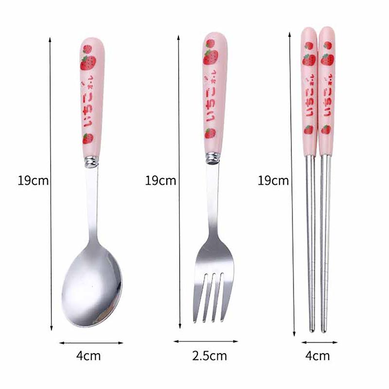 Cute Strawberry Chopsticks Spoon Fork Cutlery Set With Case Portable Travel Stainless Steel Tableware Kitchen Utensils