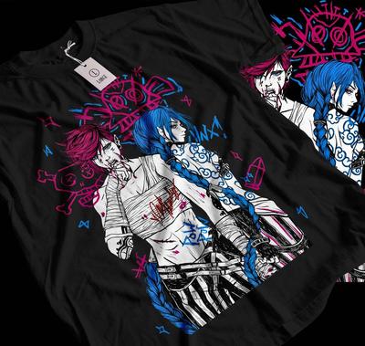Jinx Arcane T-Shirt Japanese Anime Cartoon Jinx Black T-Shirt 060