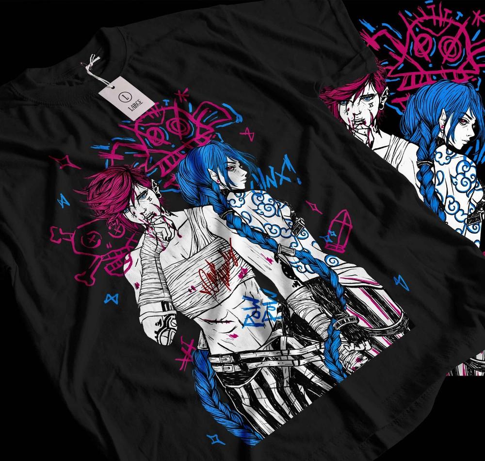 

Jinx Arcane T-Shirt Japanese Anime Cartoon Jinx Black T-Shirt 060 4XL