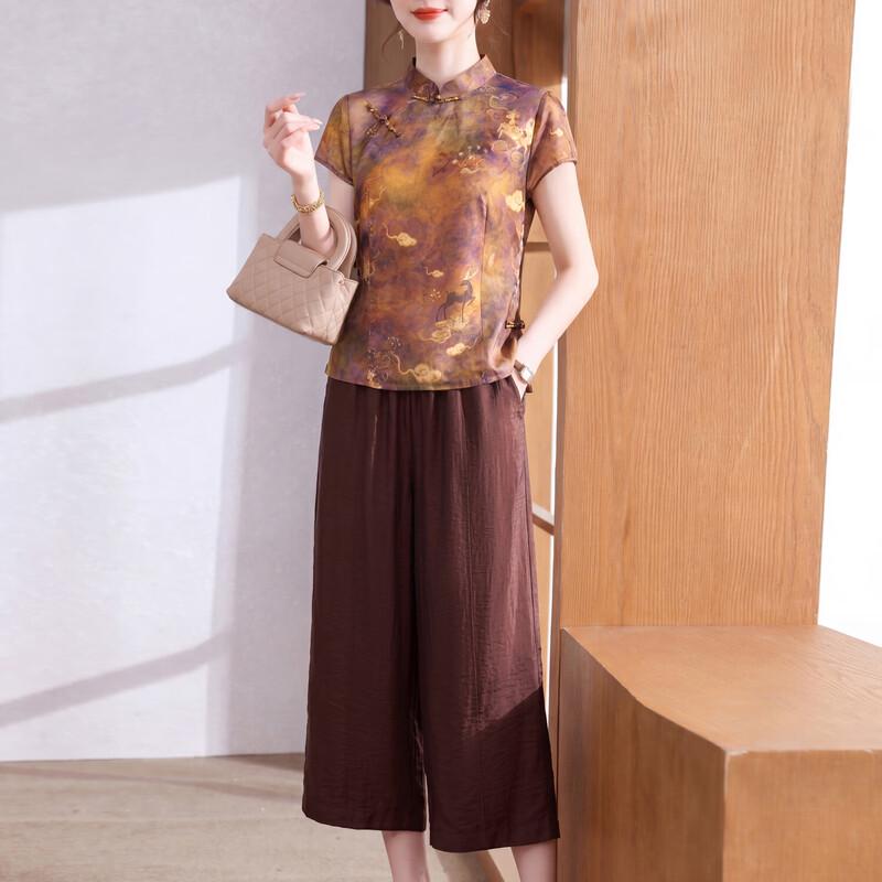 Xuexi Mom s Floral Chiffon New Chinese Style Short Sleeve Suit XL