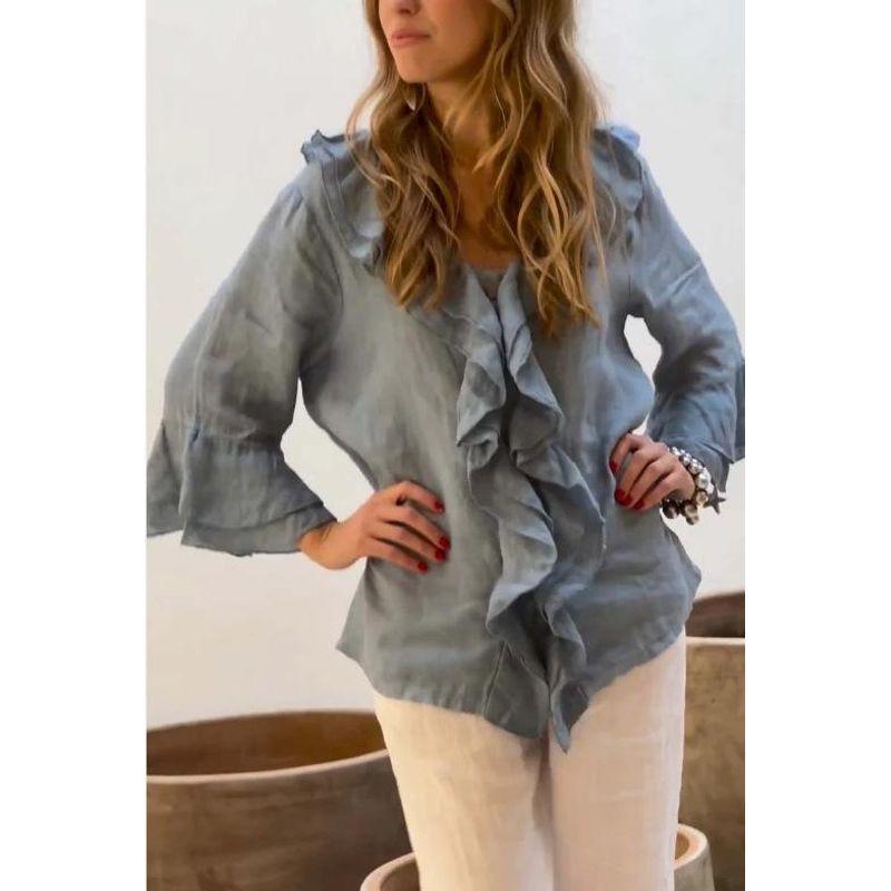 

European and American Autumn Solid V-neck Flying Sleeves Frill Single Row Multi-Button Cardigan Arc Hem Top Light blue XXL